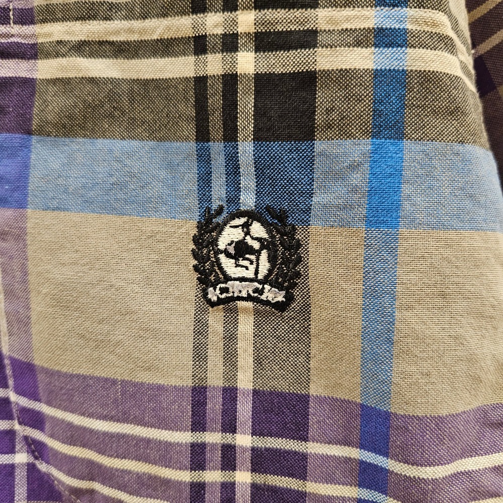 Cinch Mens Plaid Button Down Shirt Purple Blue Tan Cotton Long Sleeve L - Picture 4 of 9